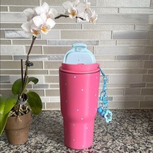 Pink Star Travel Tumbler with Lid and Blue Charm • 24 oz Vacuum Seale Travel Mug